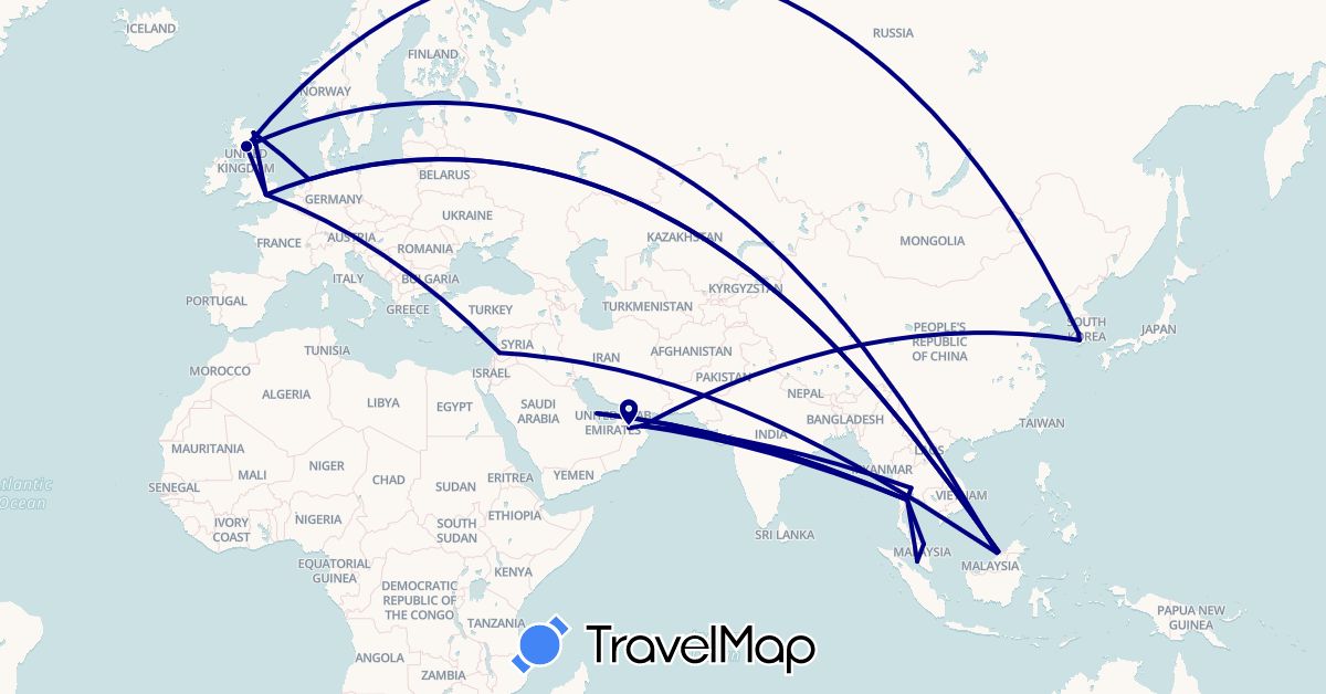 TravelMap itinerary: driving in Brunei, United Kingdom, South Korea, Malaysia, Netherlands, Oman, Qatar, Syria, Thailand (Asia, Europe)